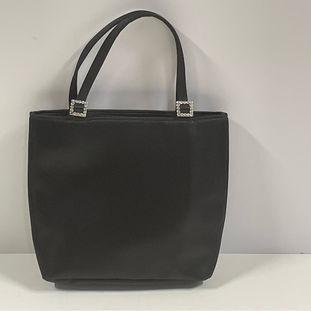 Liz Claiborne Elegant Black Satin Evening Bag with Rhinestone Accents 8.5” X 7”